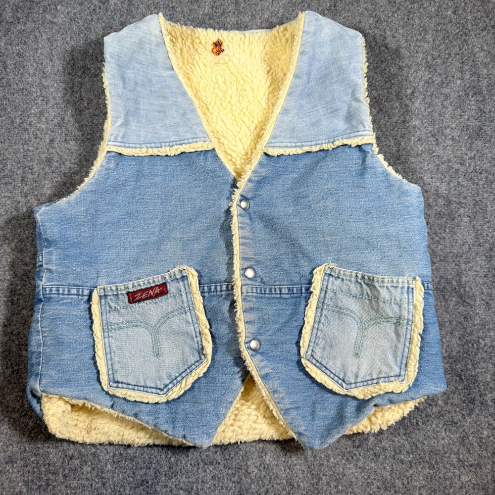 Vintage 80s Zena Denim Sherpa Vest Western Jean Jacket Womens L